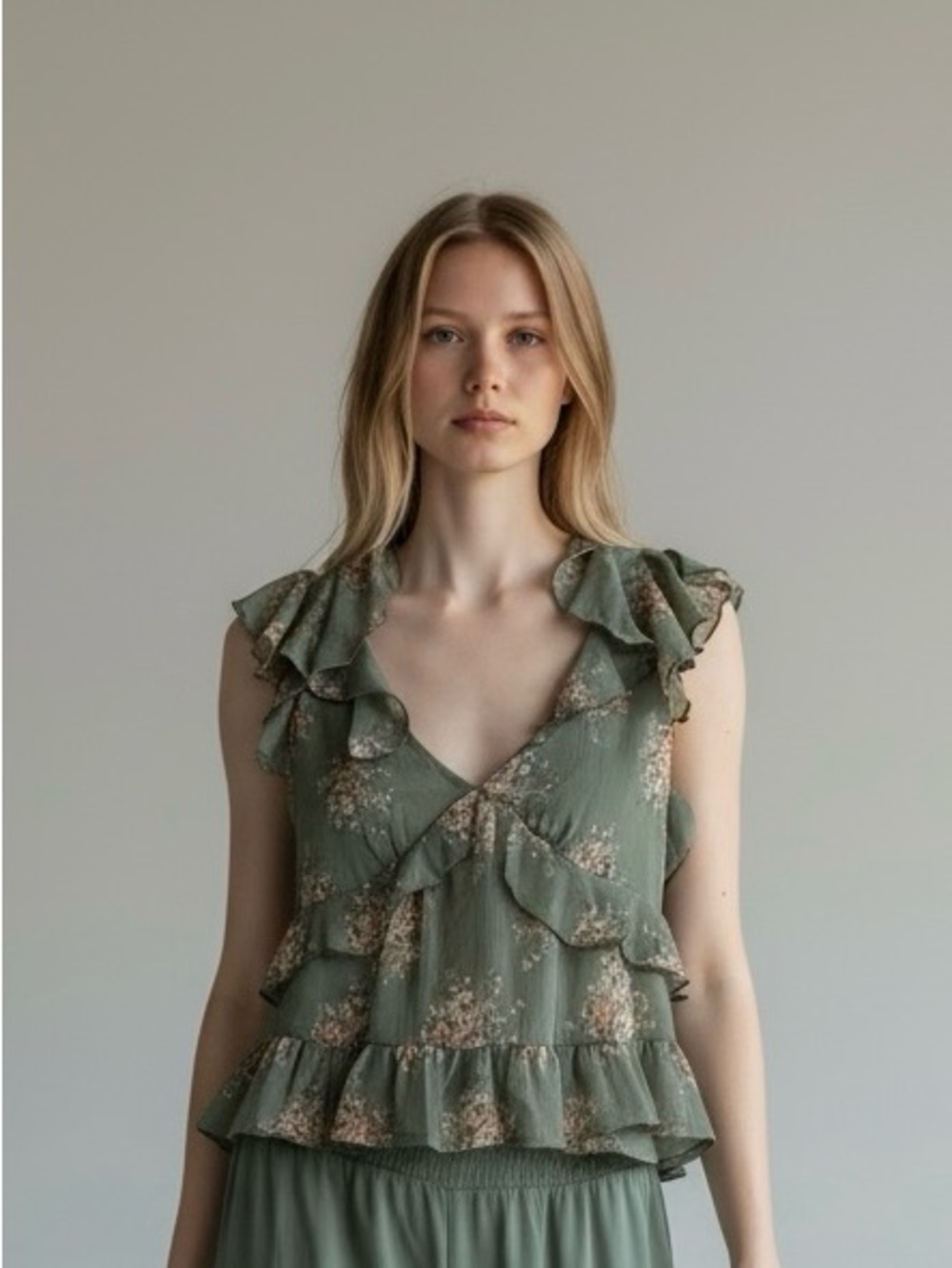 Trixxi Sage Green Floral Ruffle V-Neck Tank